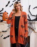 Women's black Halloween cardigan with pumpkin head jacquard pattern, medium length acrylic knit