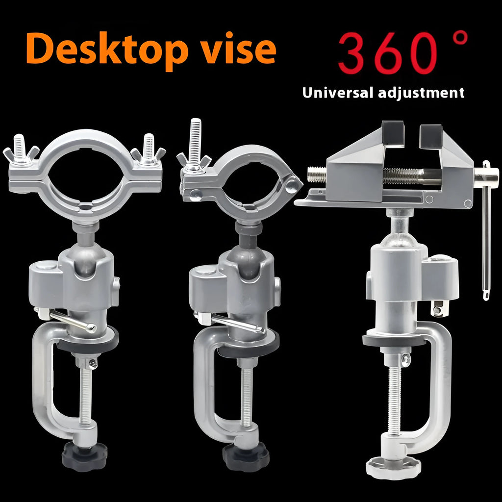 Small bracket-type bench vise with a 360-degree rotating head on a workbench.