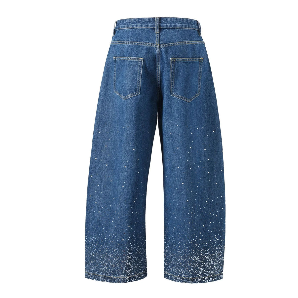 Blue loose-fitting wide-leg cotton trousers showing pullover design and European sizing for teenage casual wear