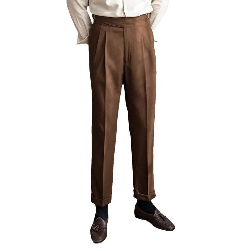 Men's high waist straight leg casual trousers in black polyester fabric on a hanger.