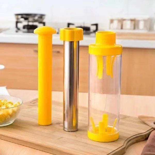 Yellow corn stripper tool with cylindrical design showing 27cm height measurement