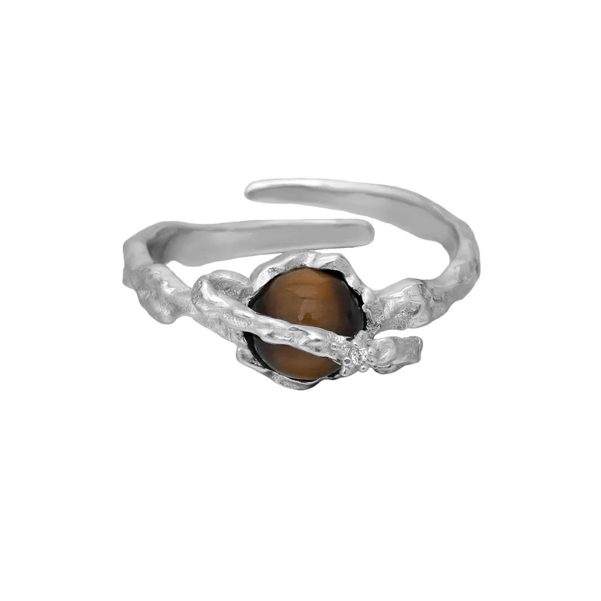 Women's silver Saturn tigereye open ring with adjustable opening and white gold colour finish.