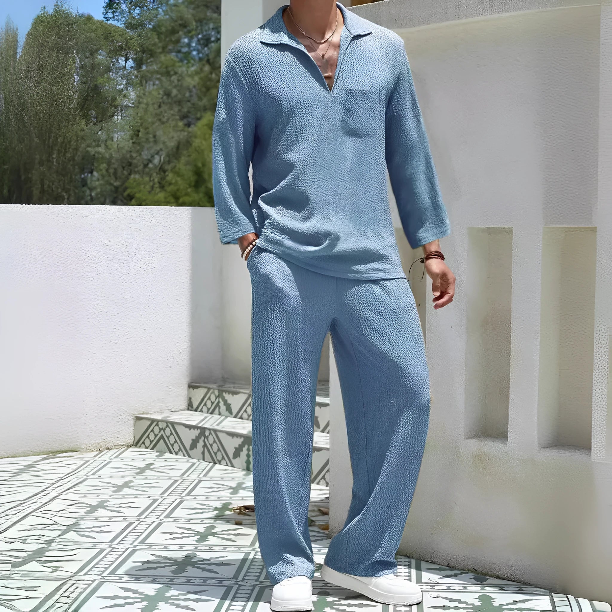 Men's casual shirt and trousers suit in lake blue, khaki, black, or caramel colour.