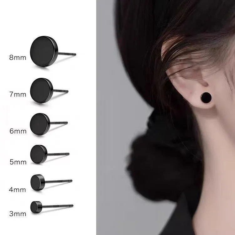 Sterling Silver S999 flat round ear bone studs in silver and black colours, showing size range from 3mm to 8mm.