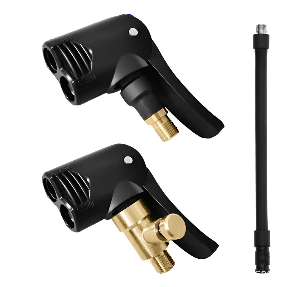 Vehicle air inflator with USB charging port, two clarinet connectors, and included hose