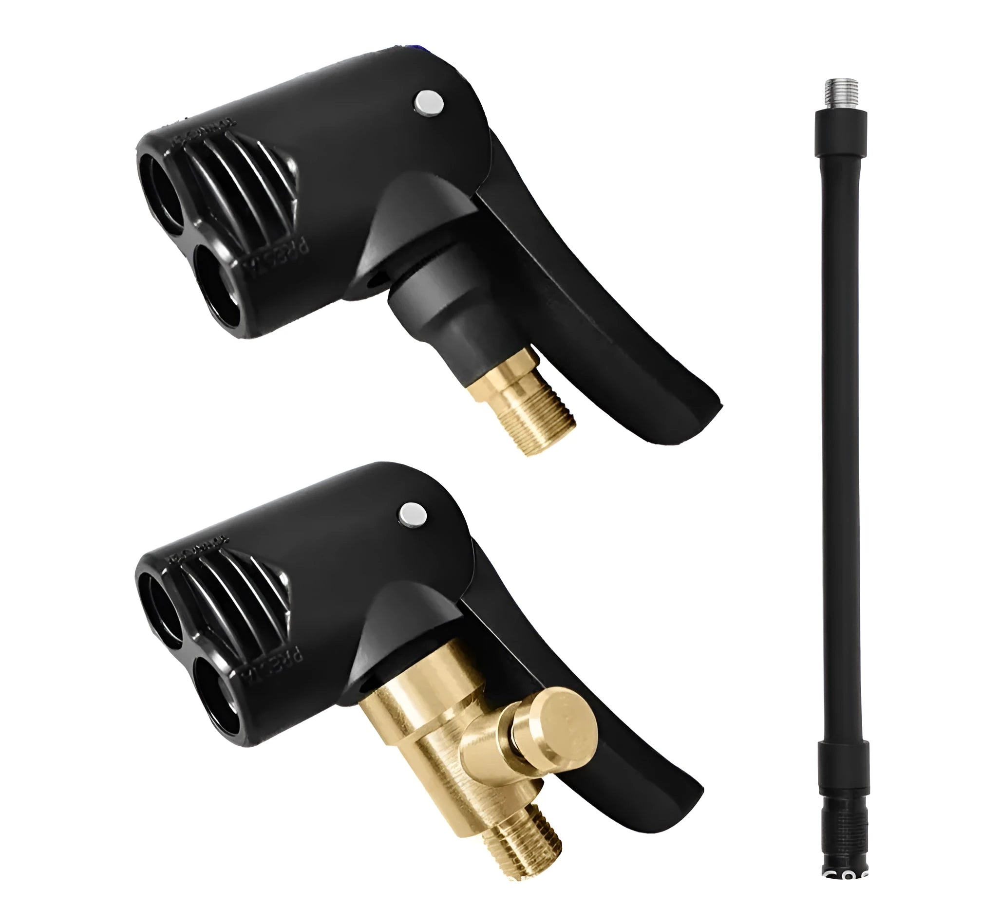 Vehicle air inflator with USB charging port, two clarinet connectors, and included hose