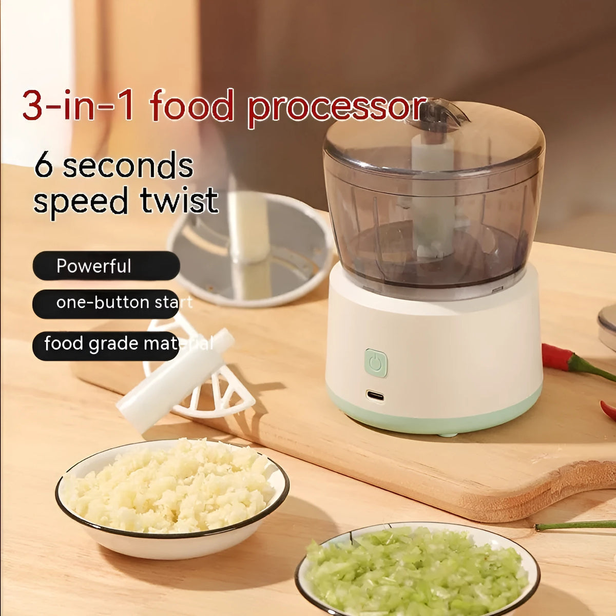 White or light green USB rechargeable mini electric meat grinder with transparent cup on anti-slip pad.