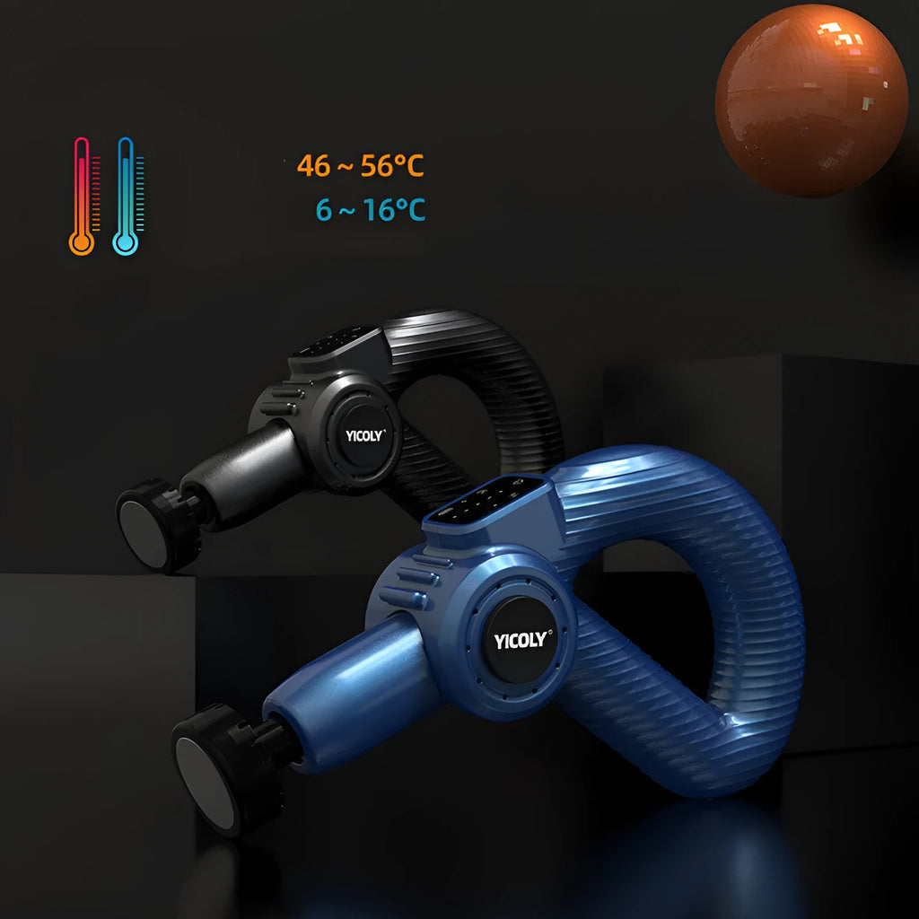 Black smart muscle massage gun with hot and ice compress modes and five massage heads