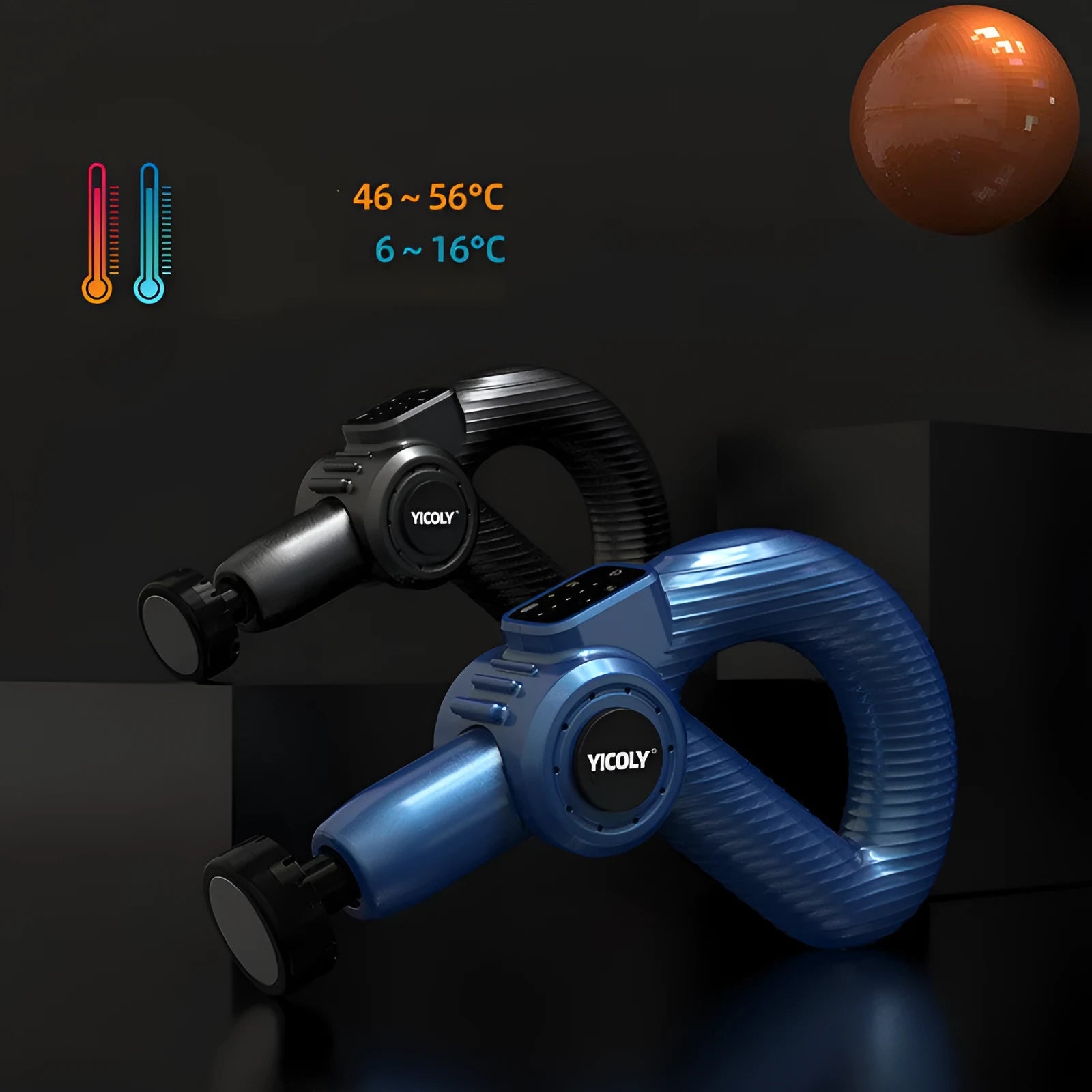 Black smart muscle massage gun with hot and ice compress modes and five massage heads