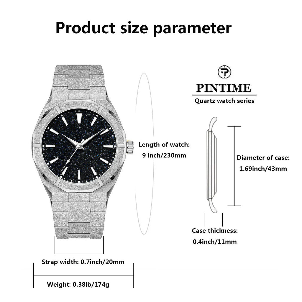 Men's frosted stainless steel business watch with luminous markers on dial in silver colour.
