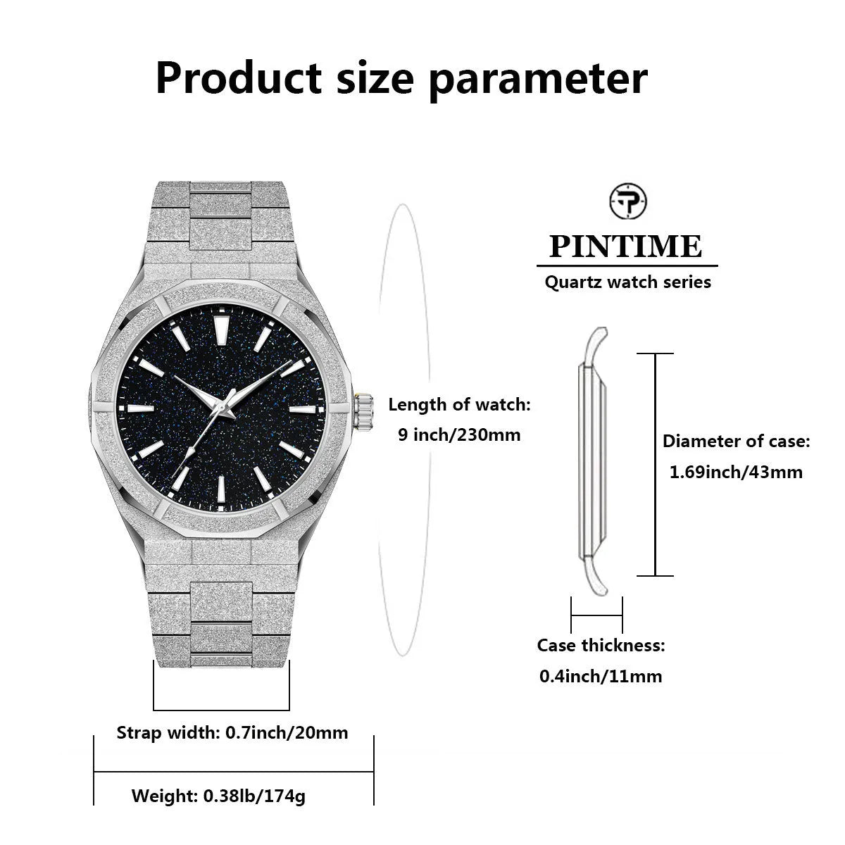 Men's frosted stainless steel business watch with luminous markers on dial in silver colour.