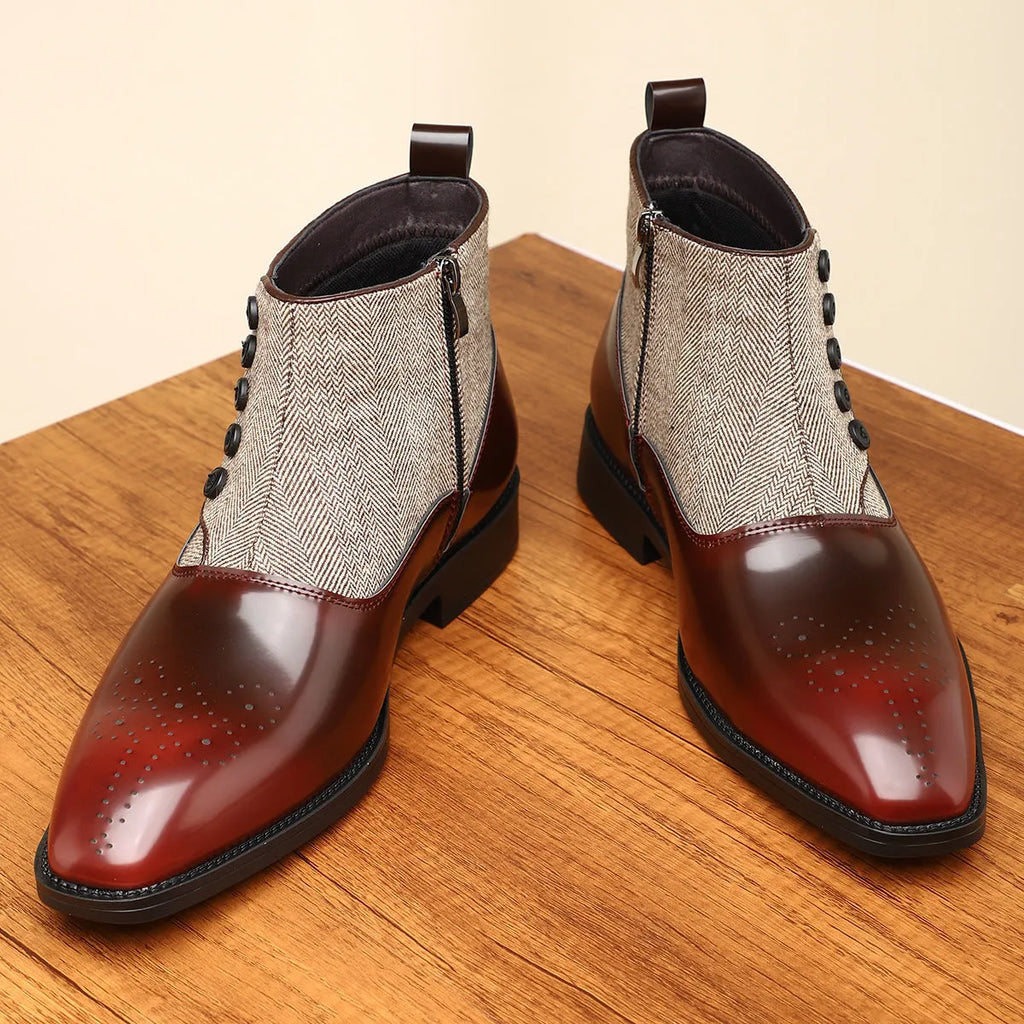Men's brown and green retro leather shoes with side zipper and square toe for business wear