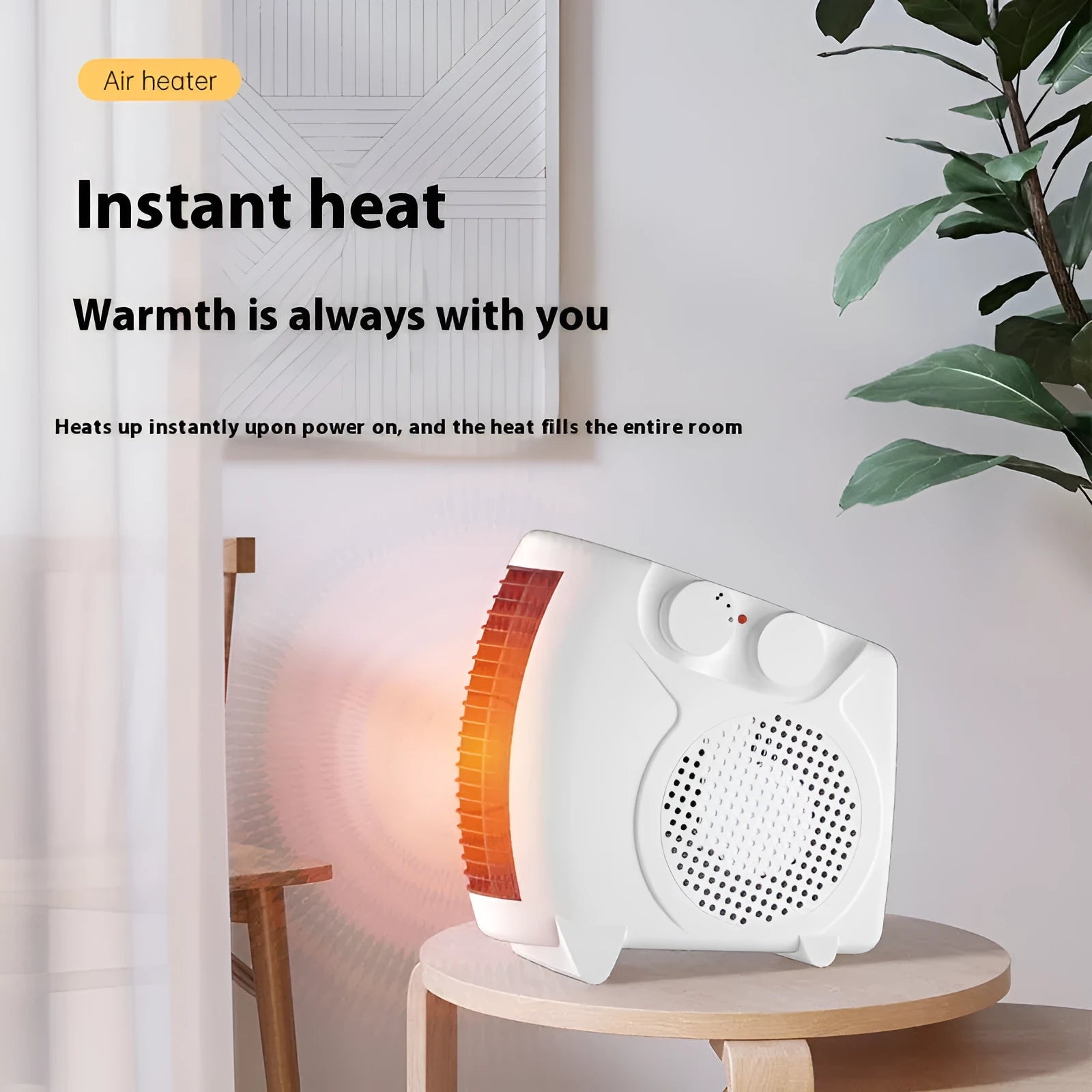 Compact white electric heater with adjustable power settings for desktop use