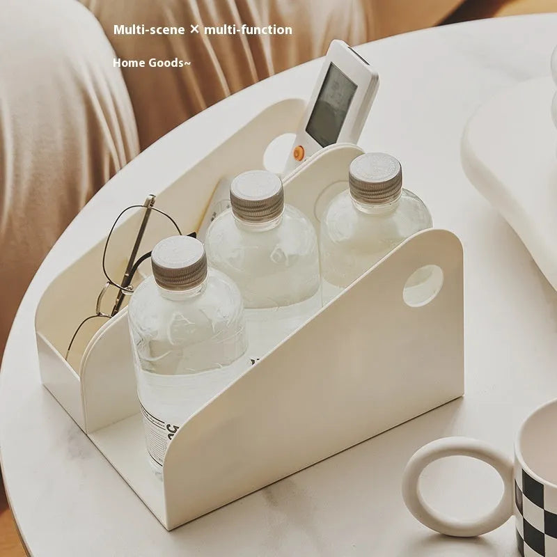 Plastic desktop storage box with two grid compartments in ivory white or milk coffee colour