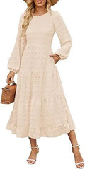 Women's long sleeve autumn dress with ruffle sleeves and high waist in a solid colour.
