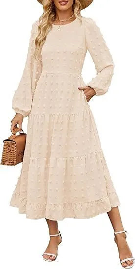Women's long sleeve autumn dress with ruffle sleeves and high waist in a solid colour.