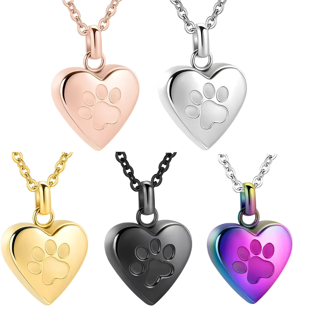 Openable heart-shaped titanium steel casket necklace with paw print design in silver finish