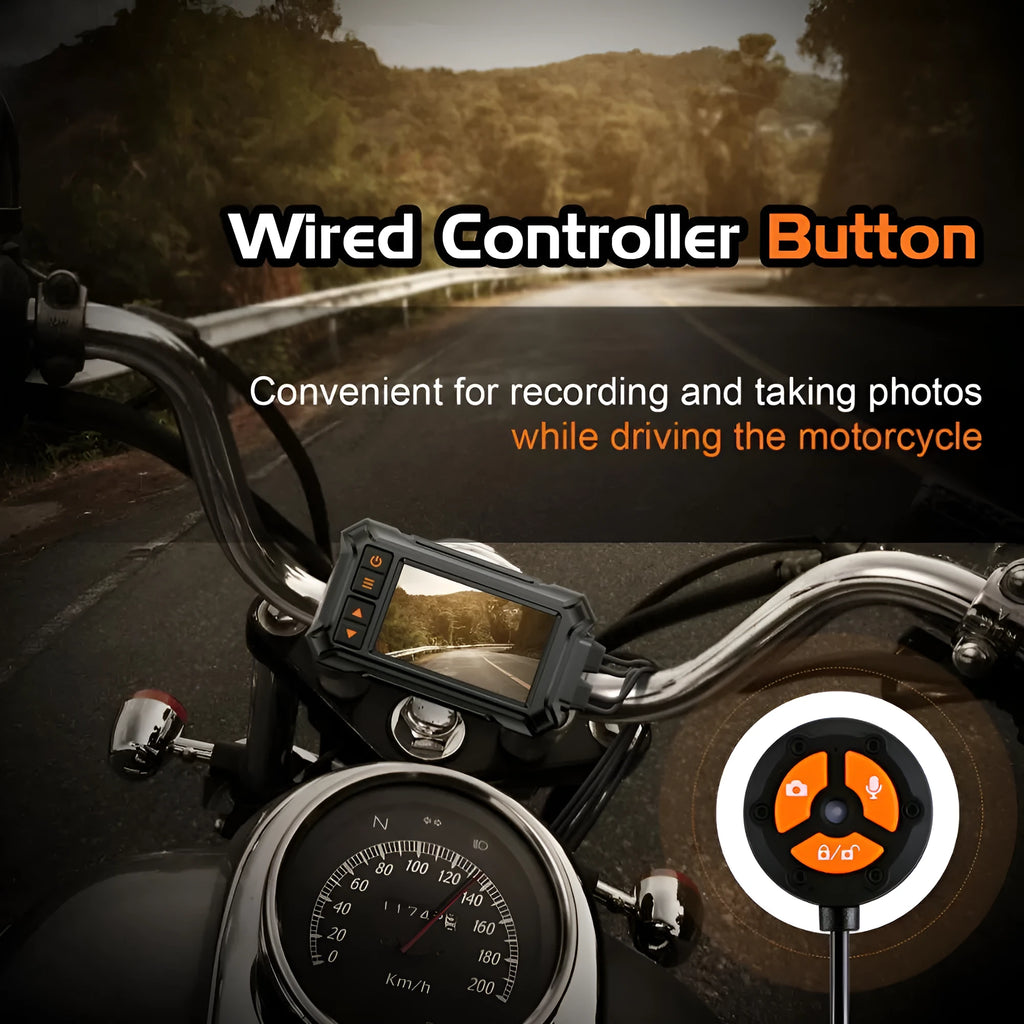 Motorcycle dual lens tachograph with 3-inch display, front and rear cameras, GPS module, and waterproof housing