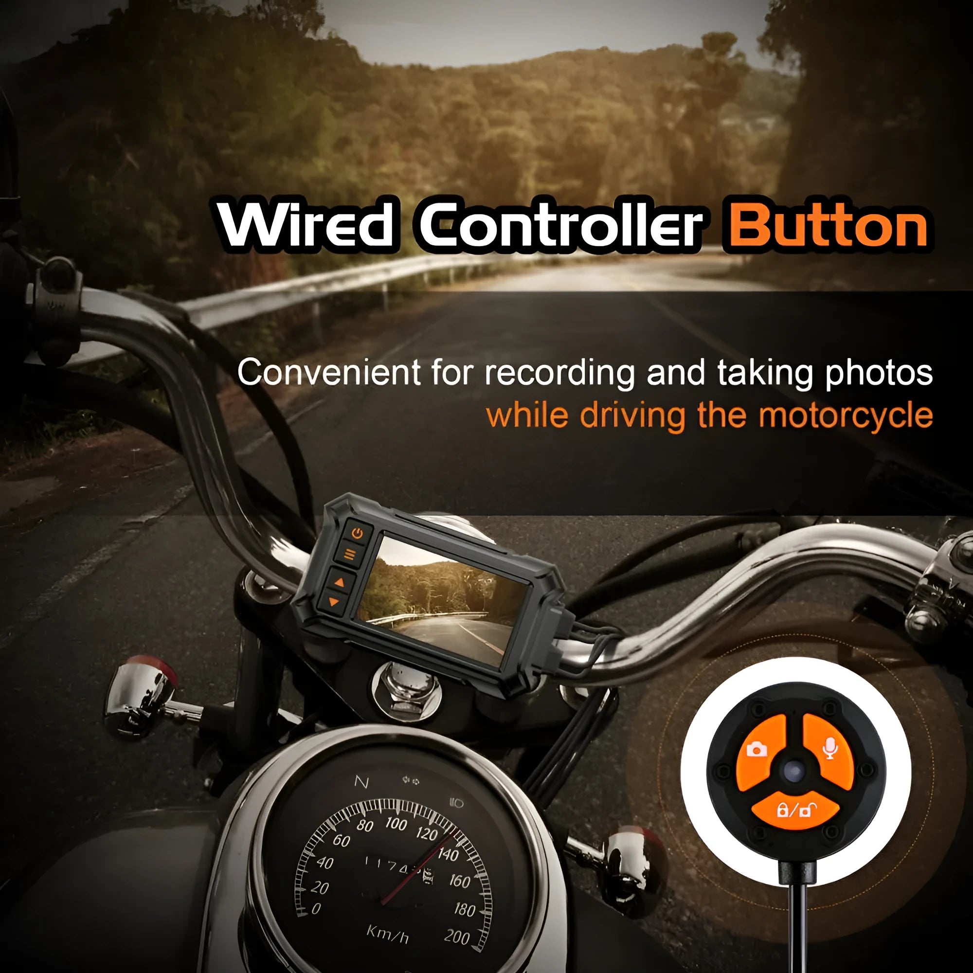 Motorcycle dual lens tachograph with 3-inch display, front and rear cameras, GPS module, and waterproof housing