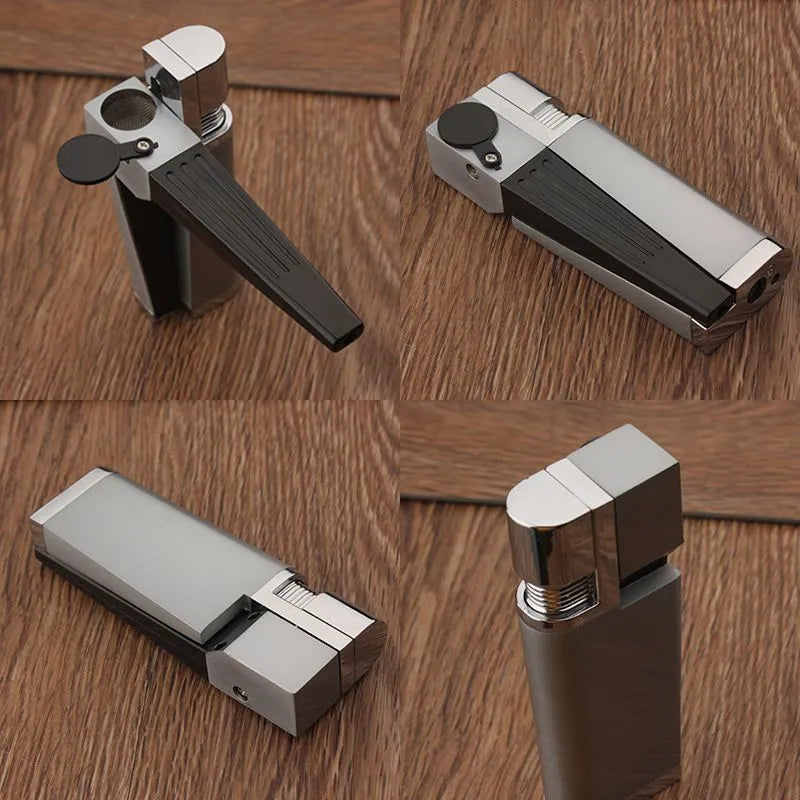 Silver foldable metal pipe lighter shown open, revealing lighter mechanism and small storage compartment.
