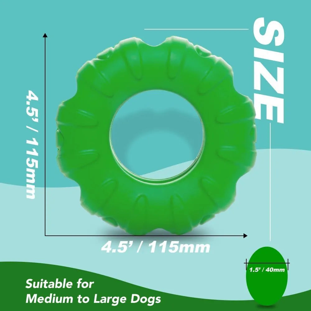 Blue rubber tyre-shaped dog chew toy with oval openings for treat dispensing