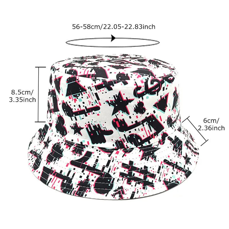 Retro musical note print bucket hat on a white background, dome crown, M size 56-58cm.