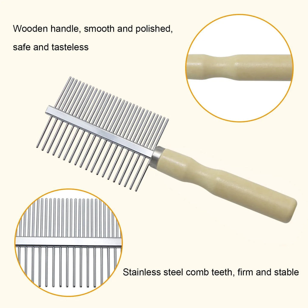 Wooden handle pet grooming comb with rounded needles for dogs and cats