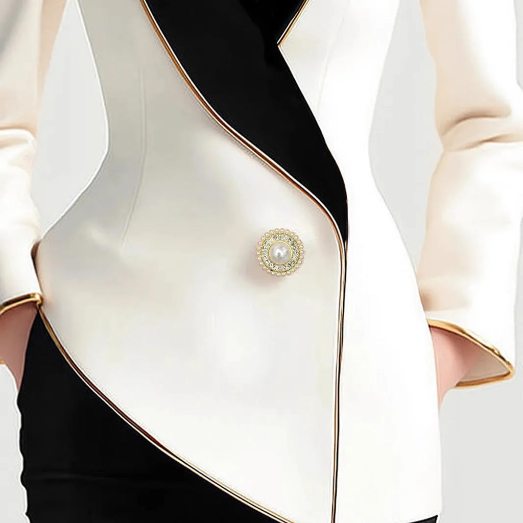 Women's beige irregular hem coat with golden pearl buttons, mid-length design