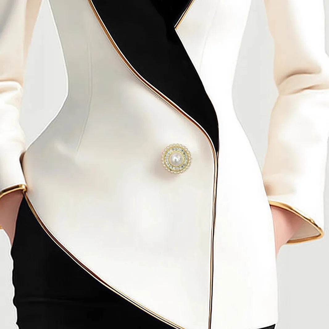 Women's beige irregular hem coat with golden pearl buttons, mid-length design