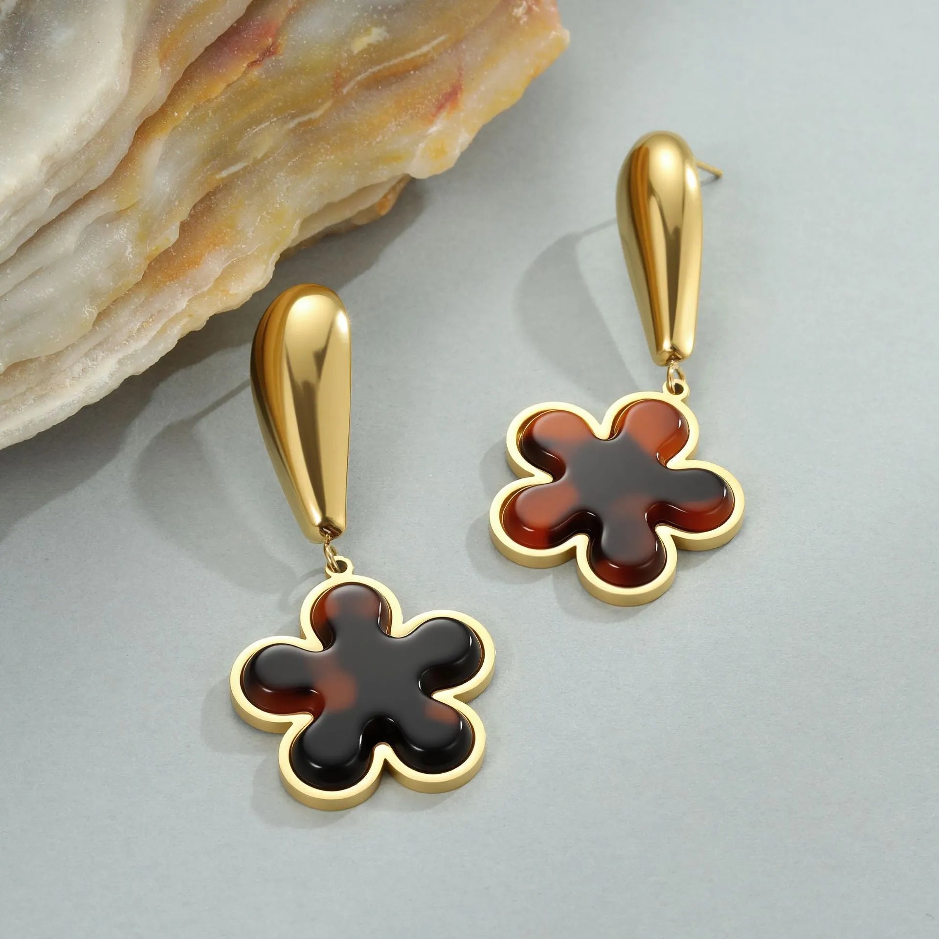 Tortoiseshell resin hawksbill colour earrings with 18K electroplated stainless steel in heart or flower geometric designs