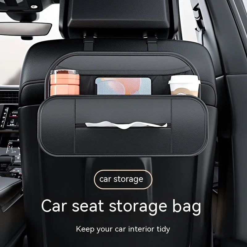 Black leather car seat rear storage bag with adjustable straps showing 36cm organisable space