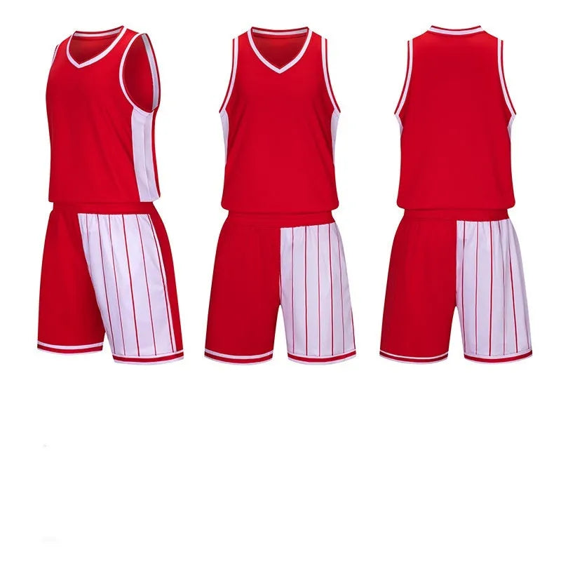 Men's and women's basketball uniform set in polyester, showing top and shorts in available colours.