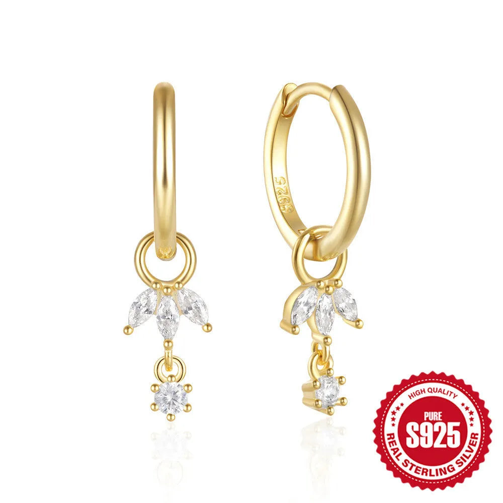 Golden-three diamonds colour sterling silver geometric earrings with inlaid zircon sunflower design.