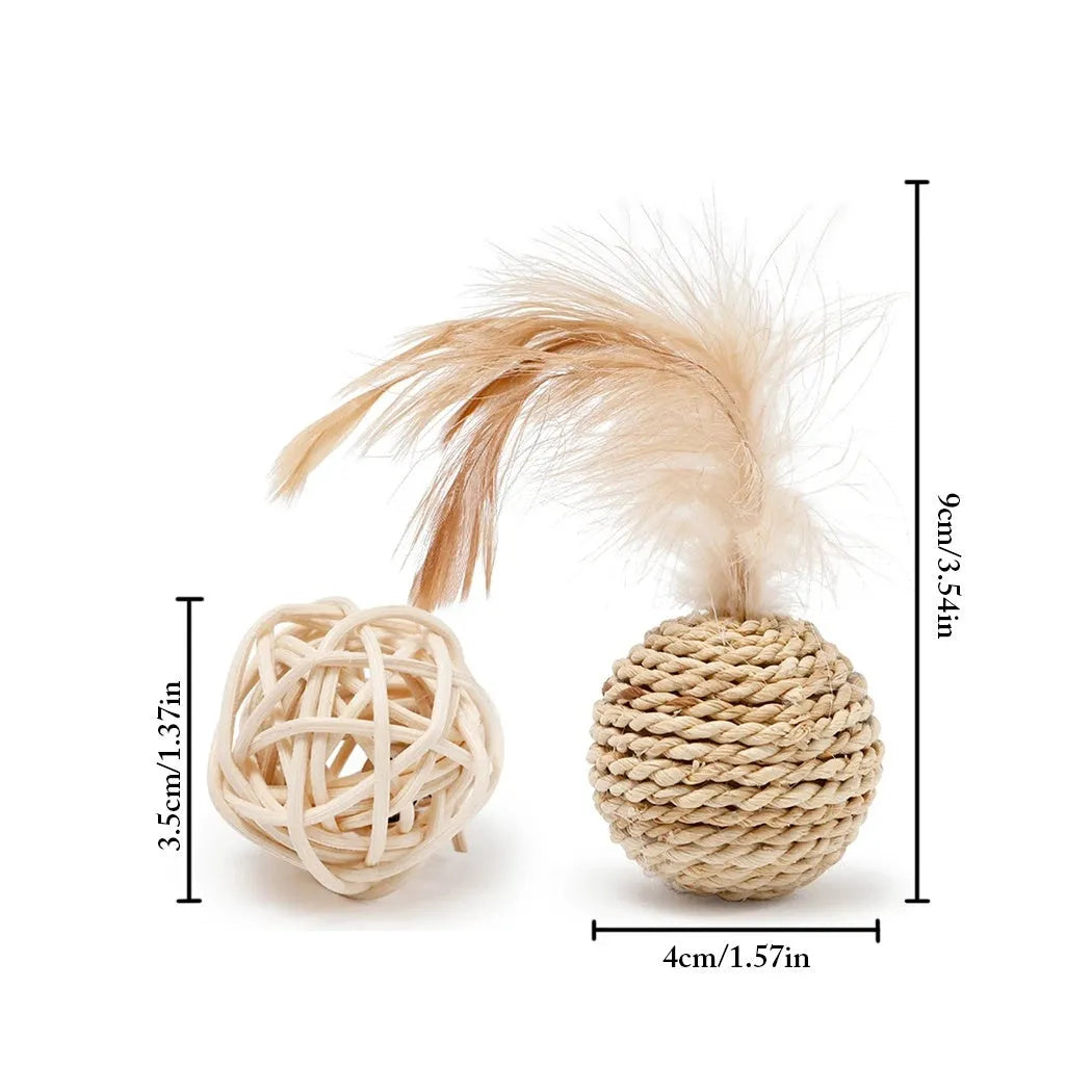 Set of two cat toys: hollow rattan ball and faux feather bell ball with bell for kitten play.