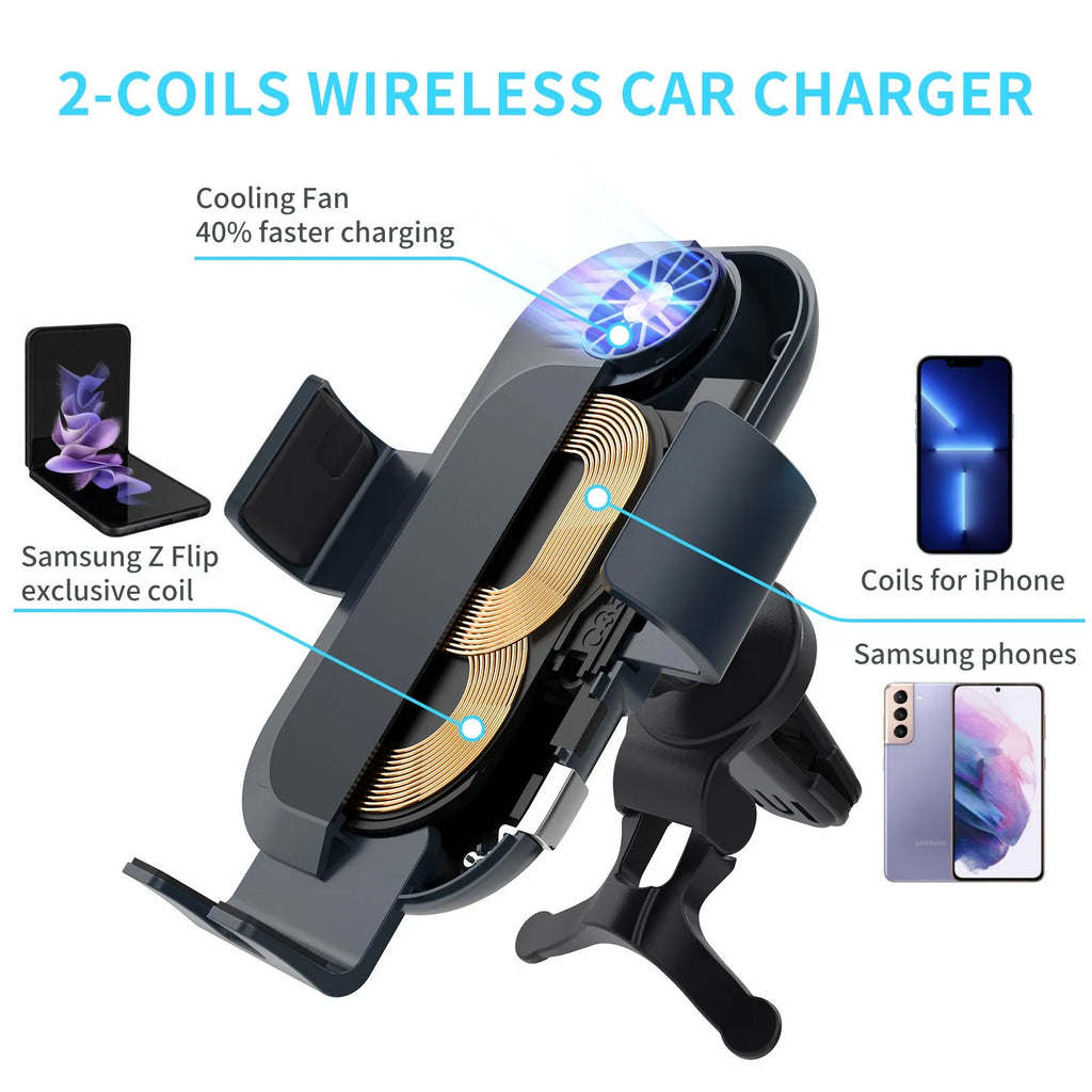 C35 colour car wireless charger phone holder with suction cup air vent mount and dual charging coils