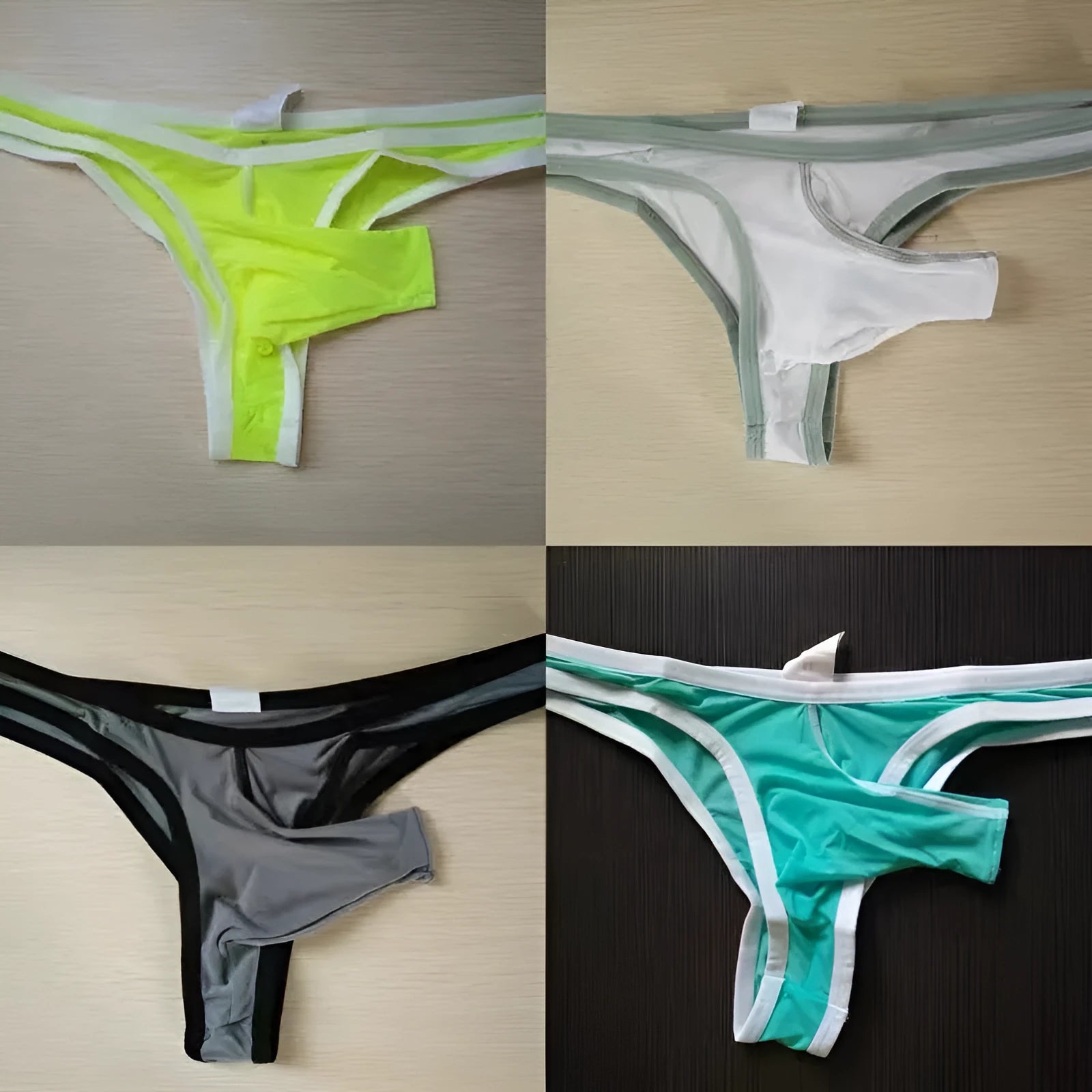 Men's Ice Silk small briefs underwear shown in multiple colours including Army Green, black, and sky blue