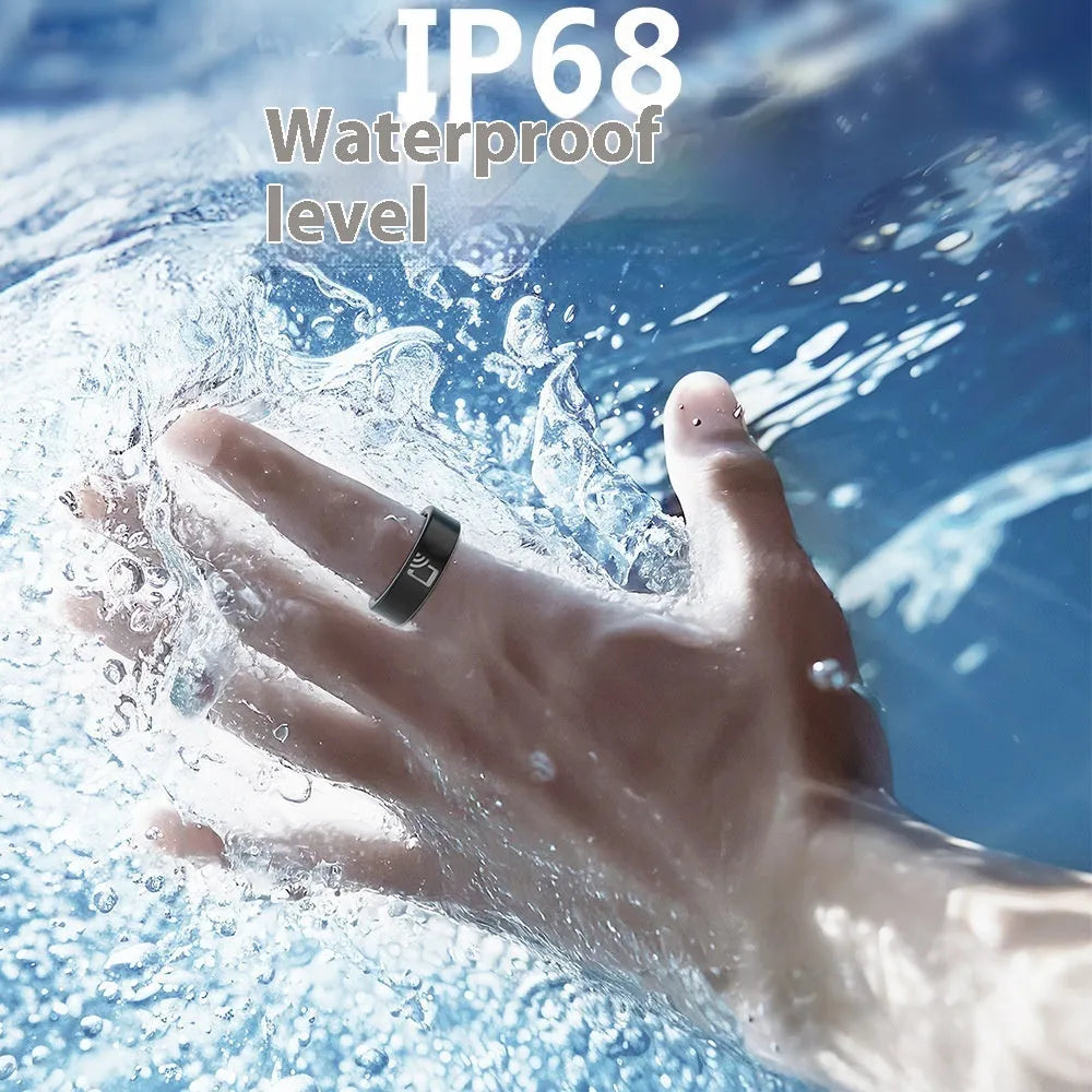Black ceramic smart ring for heart rate, SpO2, and sleep monitoring on a finger