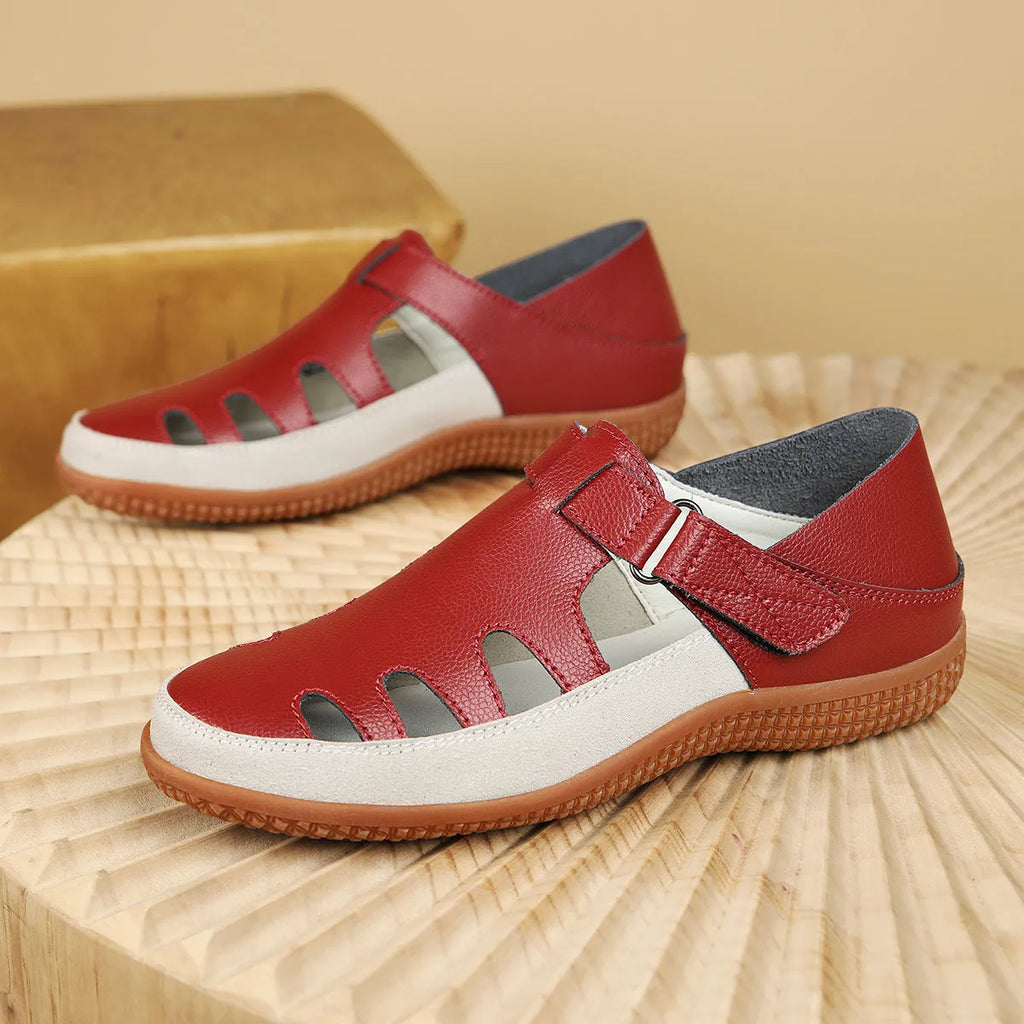 Plus size women's flat heel sandals with hollow breathable design in white, red, or blue colours