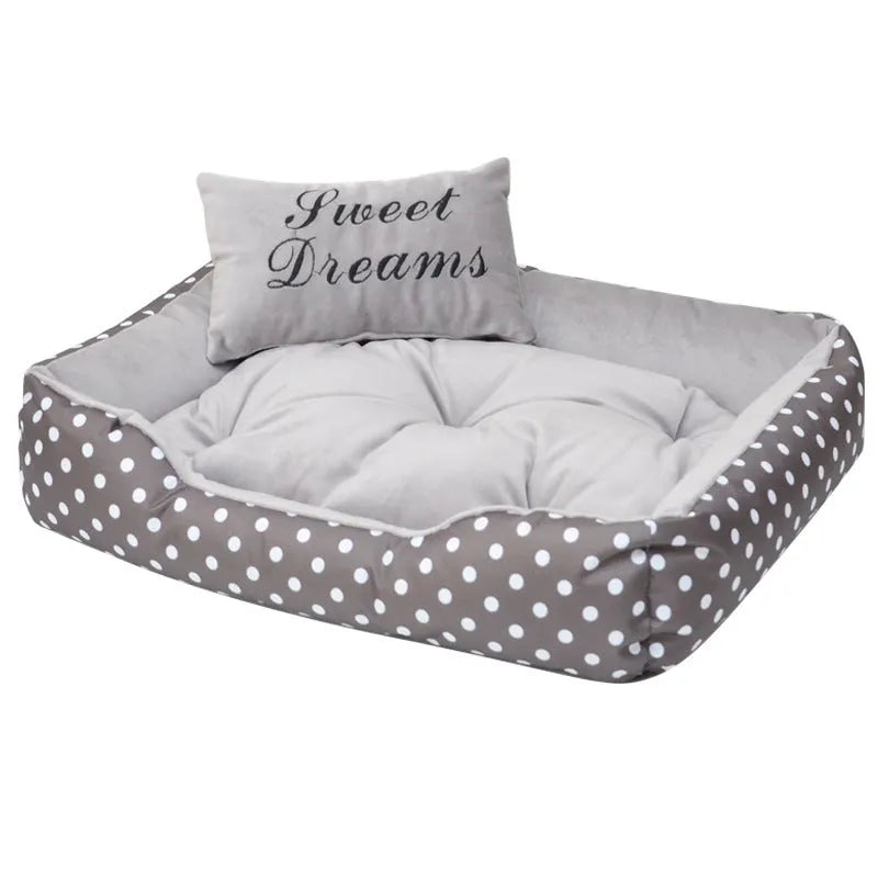 Polka dot print square dog bed with matching embroidered pillow in grey, blue, pink, or rose red.