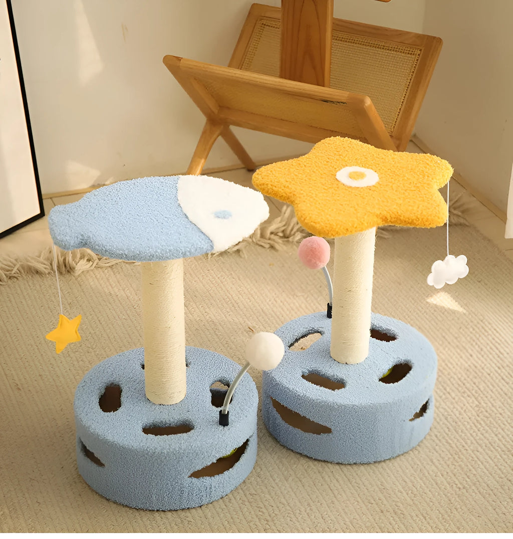 Small cat climbing frame with sisal scratching post, skin-friendly fabric, hi-play device, and sisal scratching board