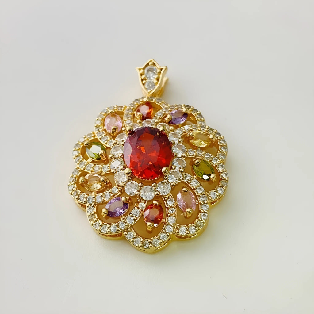 Women's colourful zircon flower pendant necklace in gold, champagne gold, or platinum colour finishes