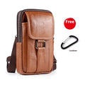 Men's black genuine leather waist bag with lock closure and crossbody strap