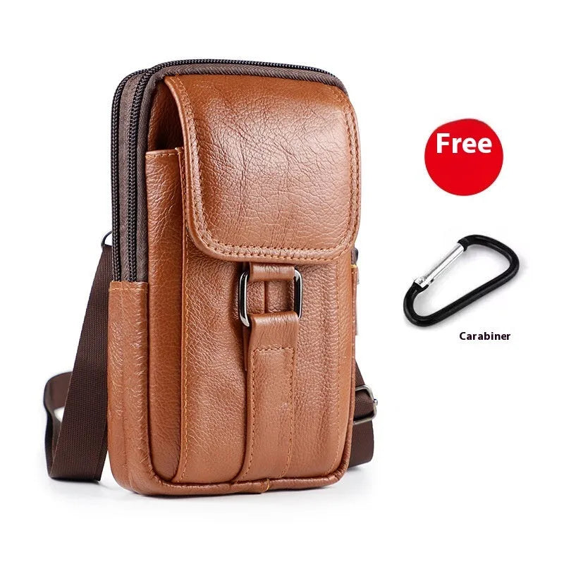 Men's black genuine leather waist bag with lock closure and crossbody strap