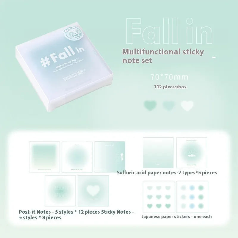 70mm square gradient parchment inner multifunctional notepad in blush, green, purple, or blue with sticky notes, notepaper, and stickers