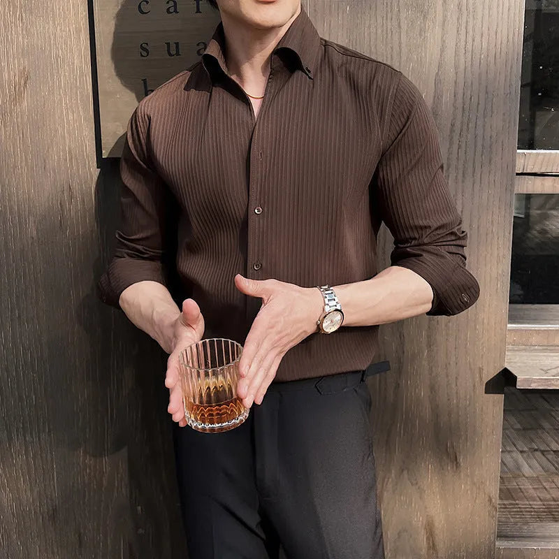 Men's striped V-neck long sleeve casual shirt in black, white, brown or green colour