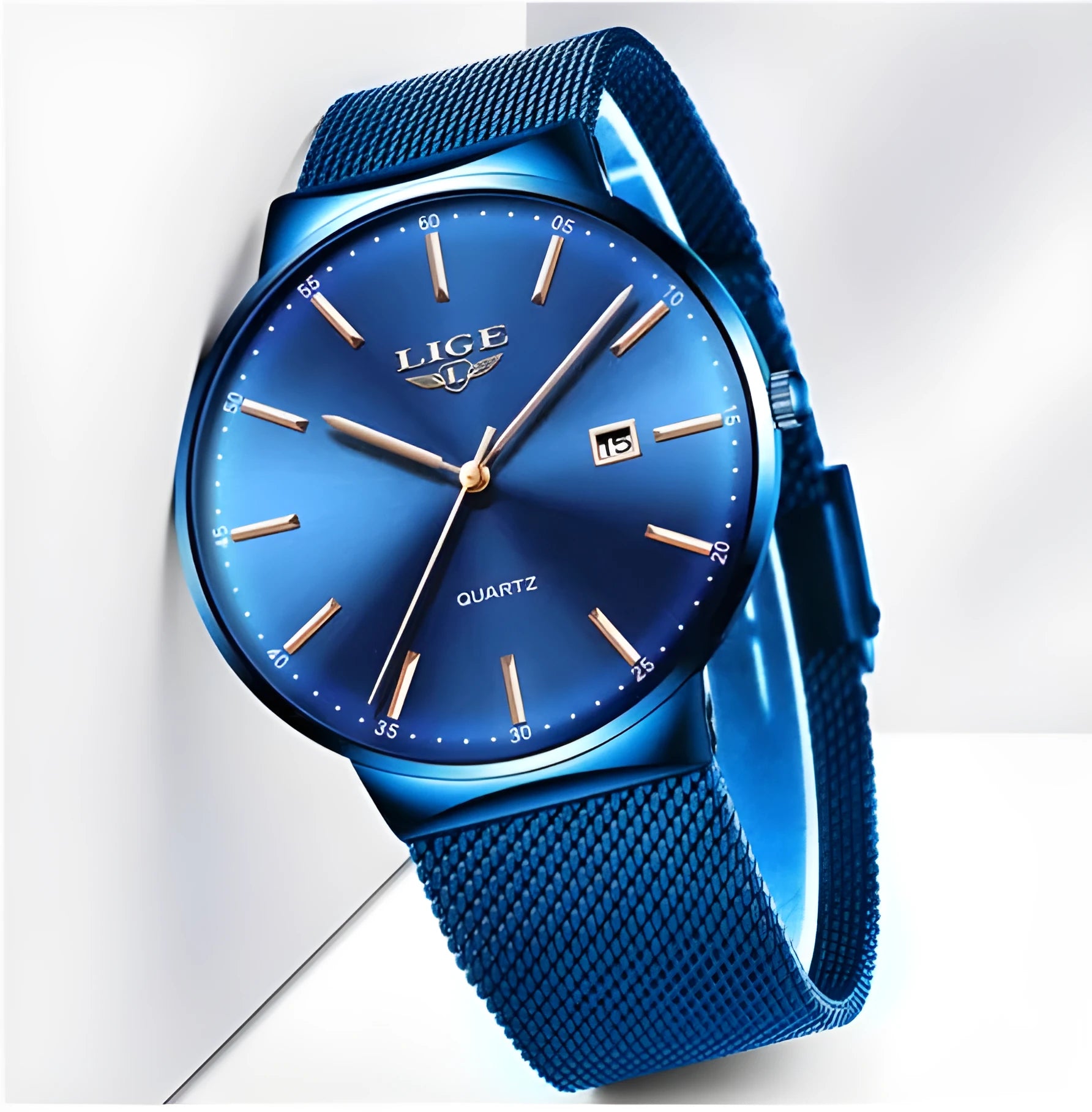 Men's stainless steel wristwatch with 40mm dial in black, blue, or two-tone colour options.