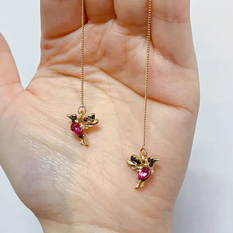 Bird hanging earrings with mixed zirconium wings in blue, red, and red lvzuan colour options