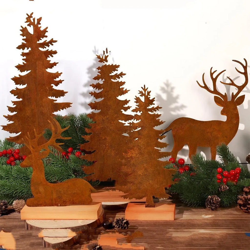 Set of three rustic metal Christmas ornaments featuring elk and tree silhouettes with an aged iron finish.