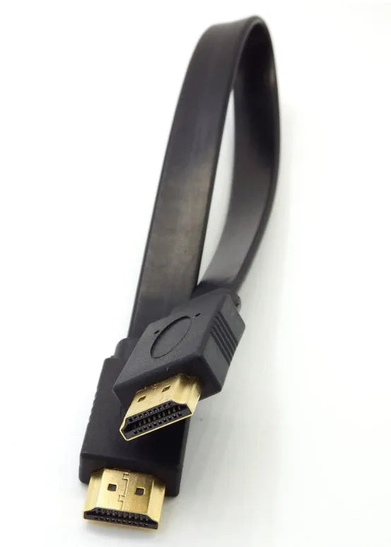 Flat black HDMI cable with male connectors shown at various lengths on a white background.
