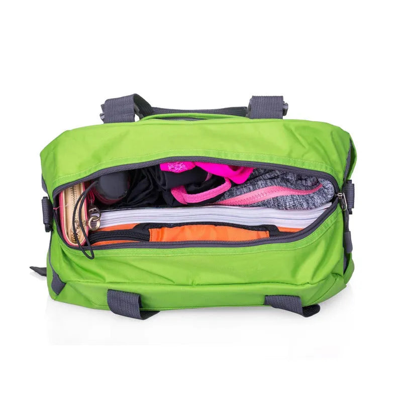 Nylon fitness gym bag shown in a selection of colours including black, blue, pink, and purple.